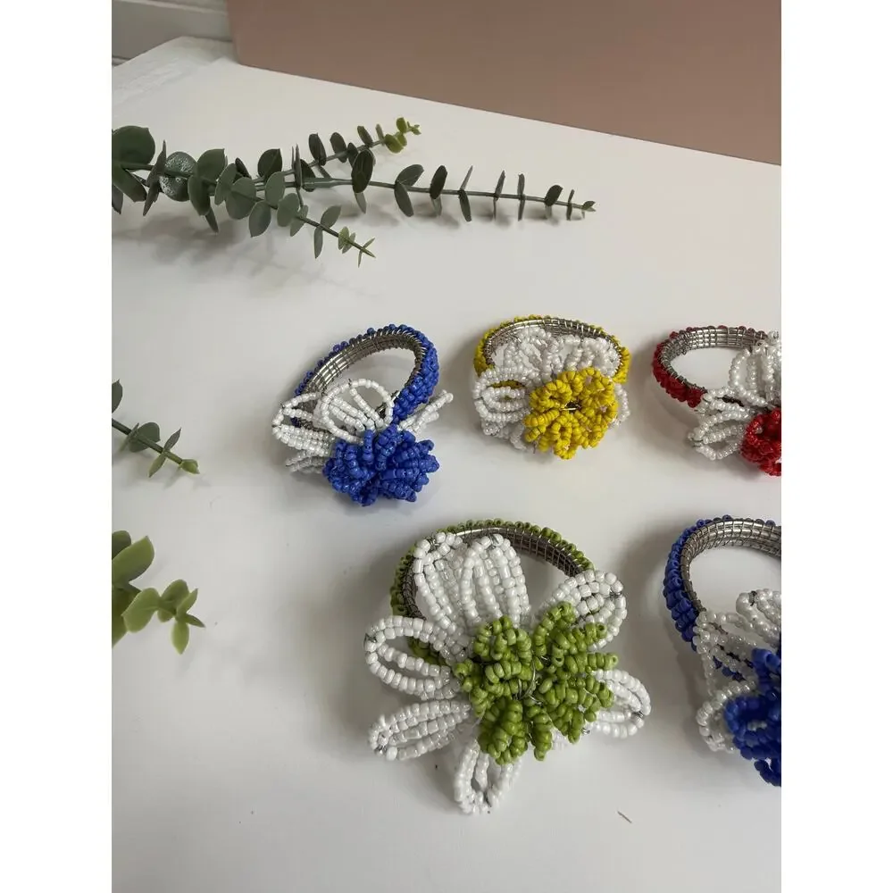 PIER 1 Beaded Daisy Napkin Rings Set of 8 | Floral Spring Summer Table Decor